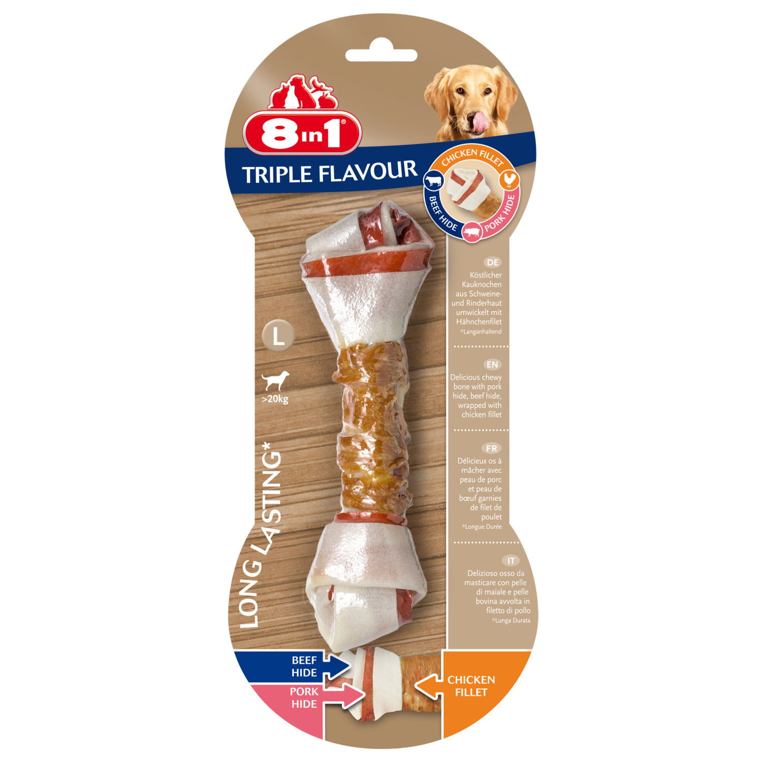 8in1 Delights Kauwknook Triple Flavour Kip&Varken&Rund - Hondensnacks - L
