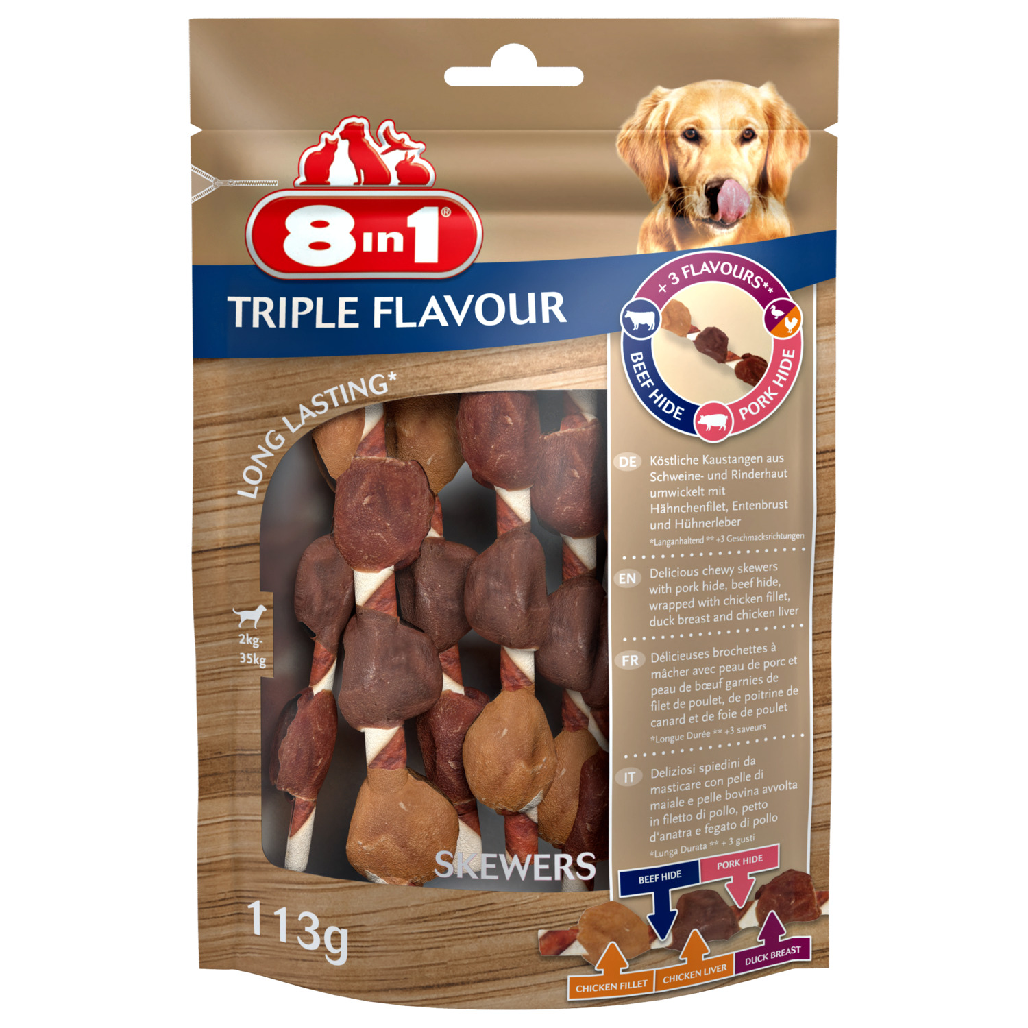 8in1 Delights Skewers Triple Flavour - Hondensnacks - Kip Varken Rund 113 g 6 stuks