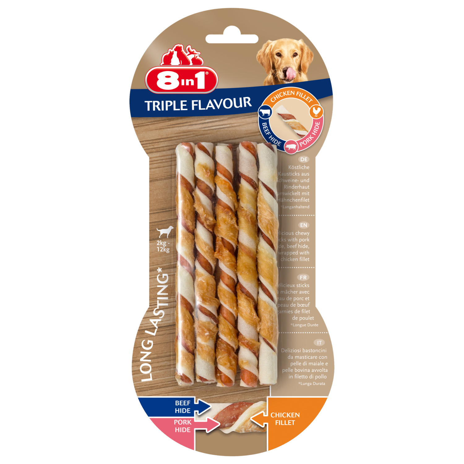 8in1 Delights Twisted Sticks Triple Flavour - Hondensnacks - Kip Varken Rund 70 g 10 stuks