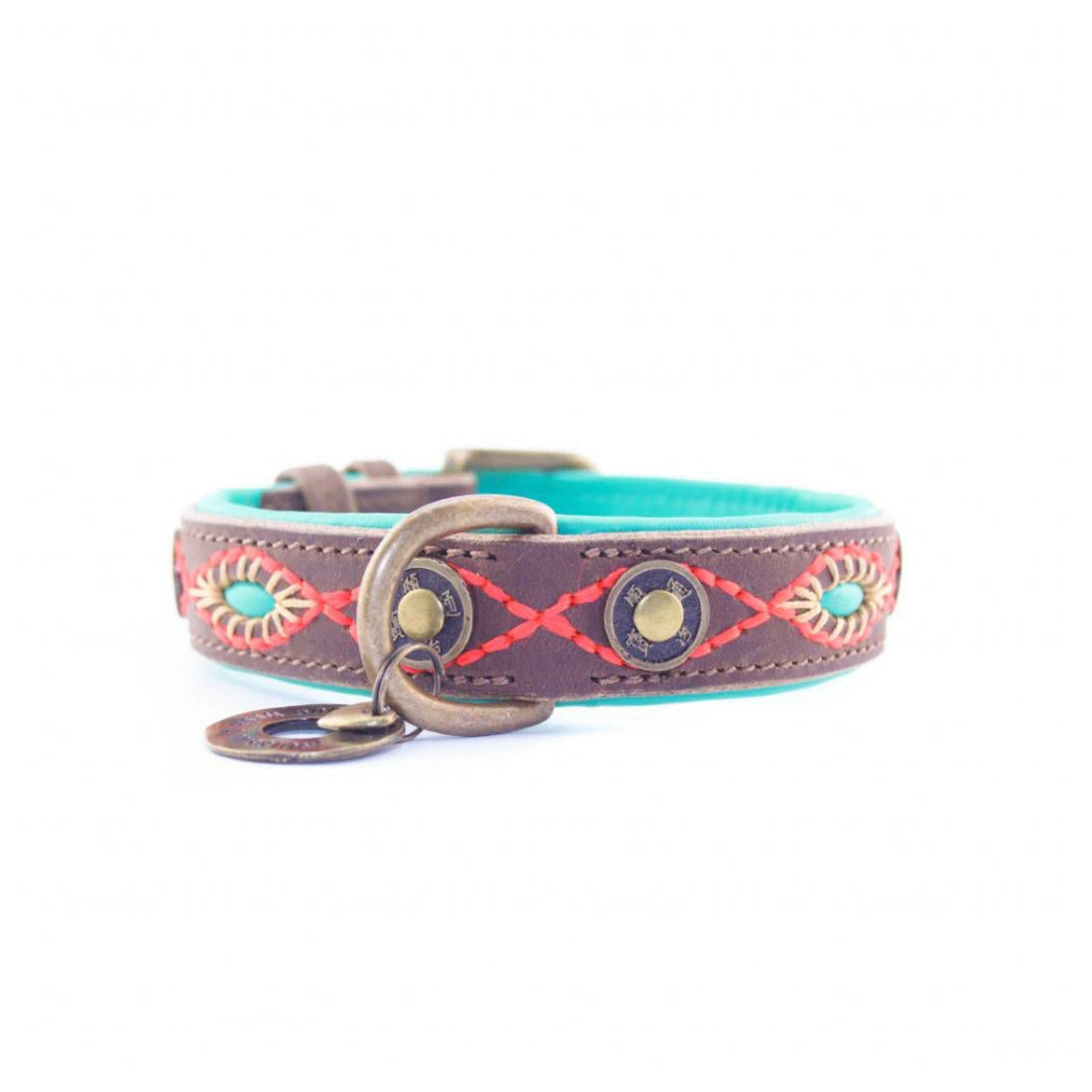Dwam Halsband Joplin Bruin&Turquoise&Oranje - Hondenhalsband - 33-43x2.5 cm