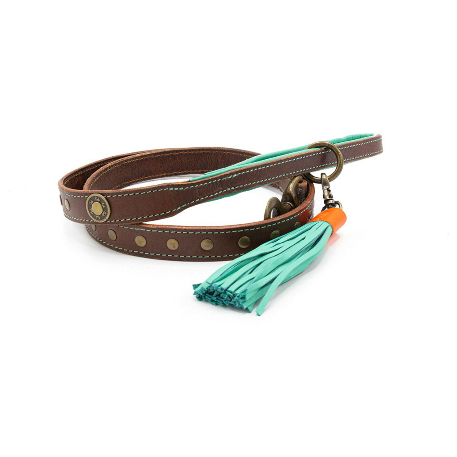 Dwam Ledere Looplijn Joe Bruin&Turquoise - Hondenriem - 135x1.6 cm