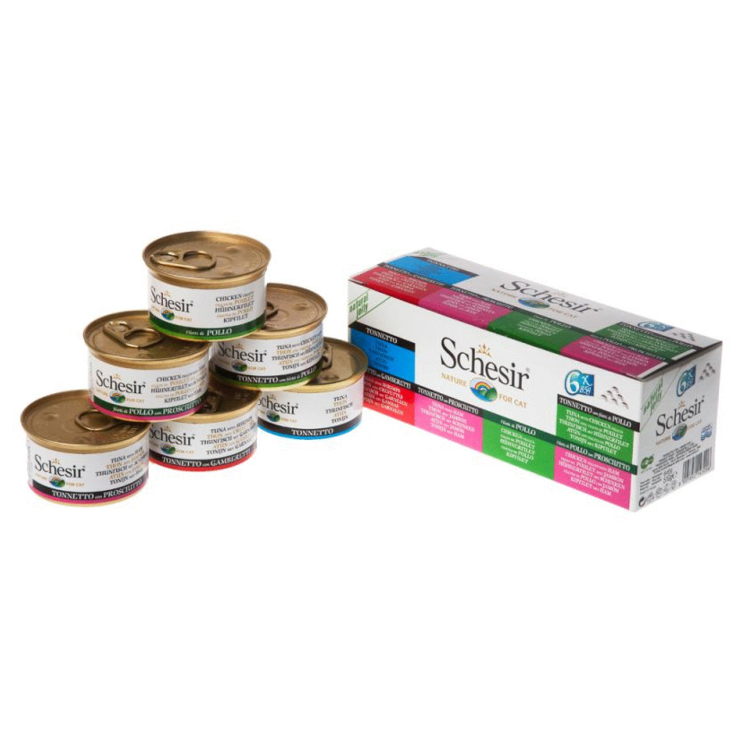Schesir Kat Multipack Blik - Kattenvoer - Tonijn Kip Garnaal 6x85 g